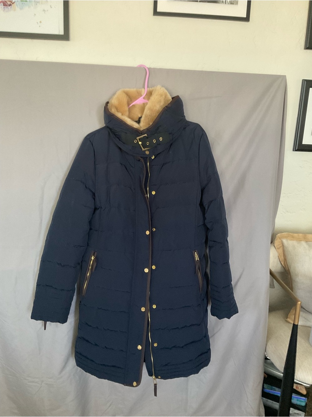 Zara Navy Puffer Coat with Tan Faux Fur Collar